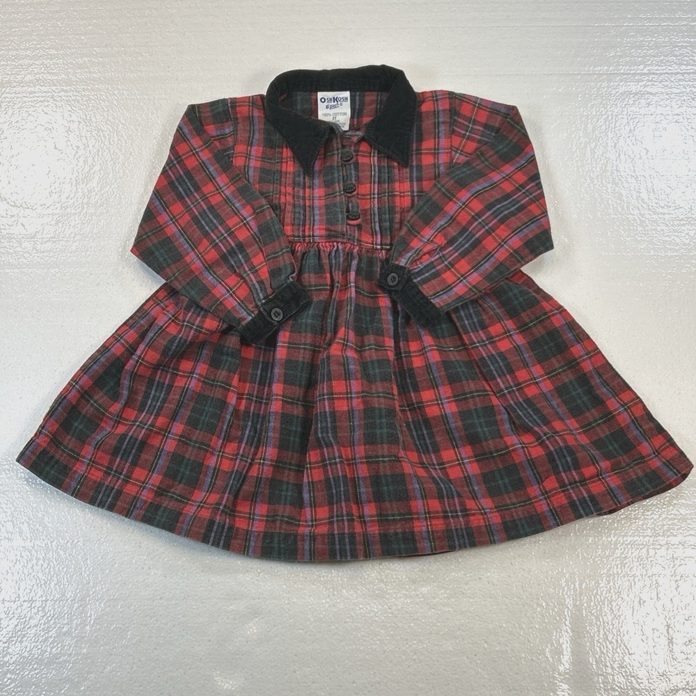 Vintage OshKosh B'gosh Red Plaid Shirt Dress Sz Girls 3T Ruffles Bow 977-9098